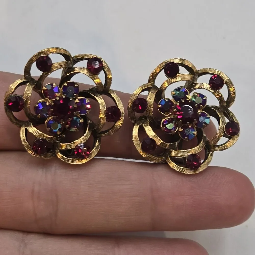 Vintage Selro And Selini Signed Red AB Rhinestone Flower Spiral Clip Earrings